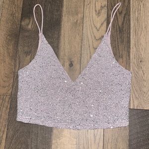 Forever 21 Sequin Pink and Silver V Neck Cropped Party Tank Top Size Small